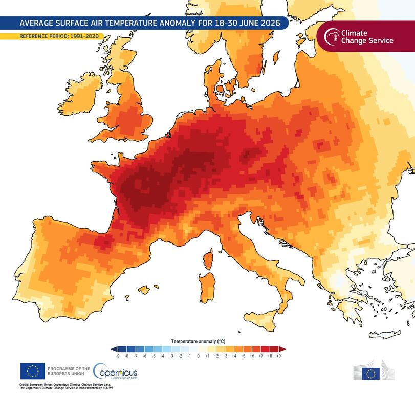 Map showing average surface air temperature anomaly across Europe for June 2026, published by the Copernicus Climate Change Service.